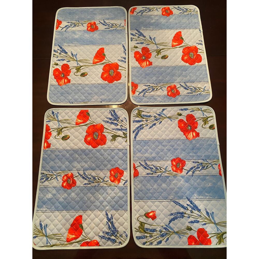 French Provincial Reversable Placemat - Light Blue with Red Poppy new